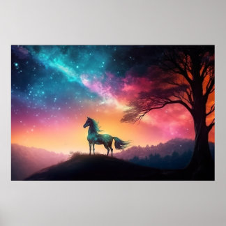 Schwarzes Pferd in lebendiger Berglandschaft Poster