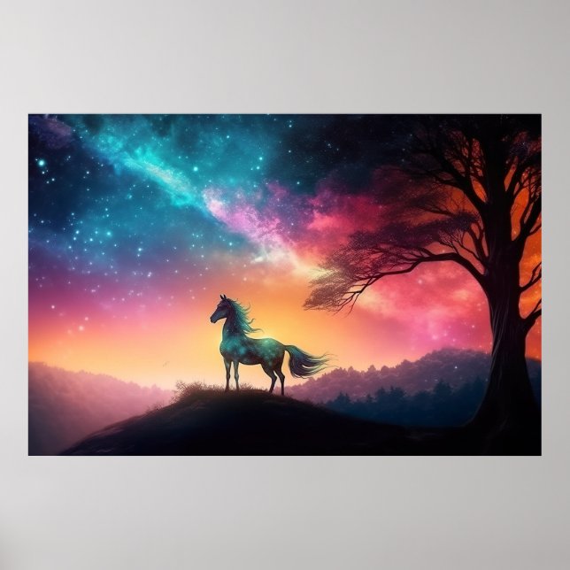 Schwarzes Pferd in lebendiger Berglandschaft Poster (Vorne)
