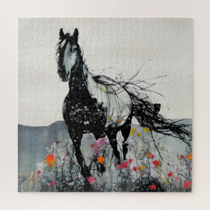 Schwarzes Pferd in Wildblumen