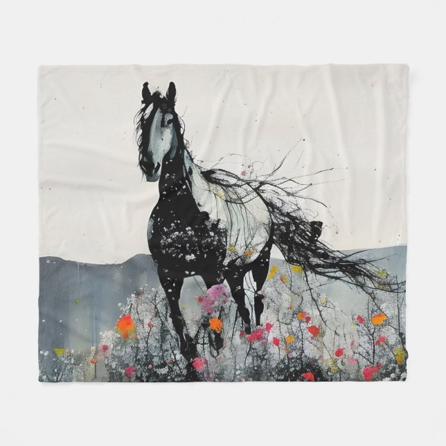 Schwarzes Pferd in Wildblumen Fleecedecke (Vorderseite (Horizontal))