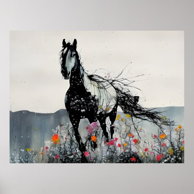 Schwarzes Pferd in Wildblumen Poster (Vorne)