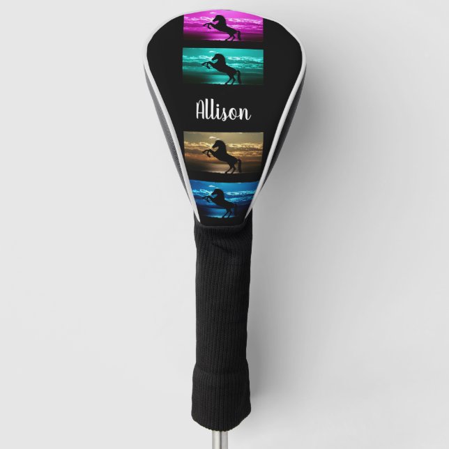 Schwarzes Pferd Lila, blau, Aquamarin, Golden Sky  Golf Headcover (Vorderseite)