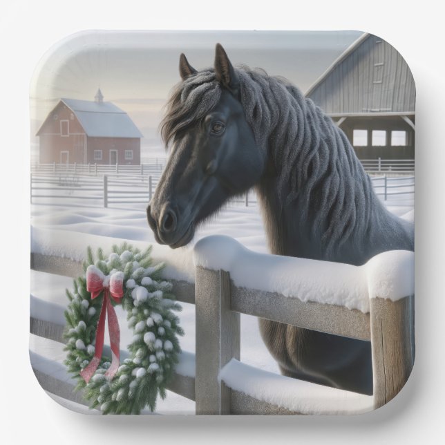 Schwarzes Pferd mit einem schneebedeckten Weihnach Pappteller (Vorderseite)