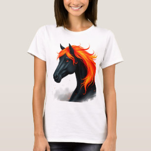 Schwarzes Pferd mit feurig roter Mähne T-Shirt