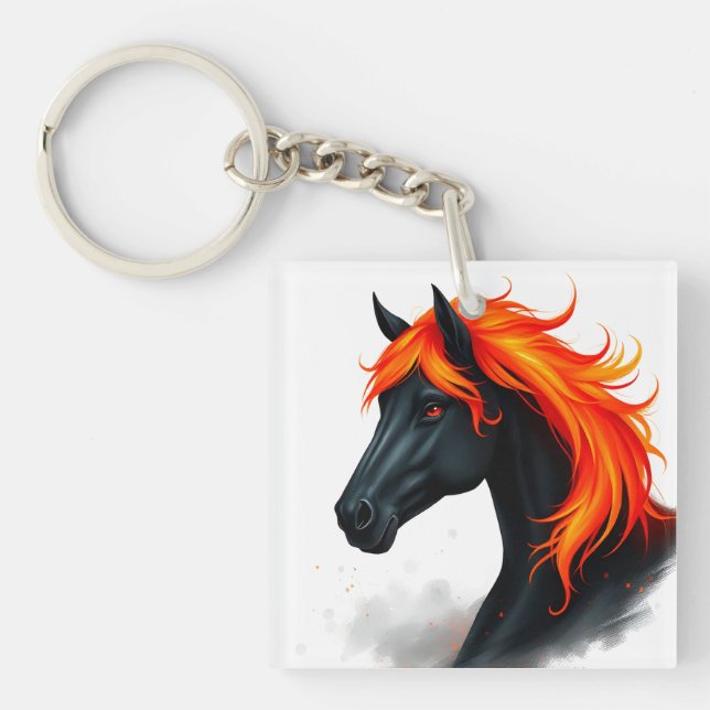 Schwarzes Pferd mit fiery Red Mane Schlüsselanhänger (Vorderseite)