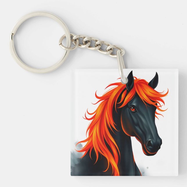 Schwarzes Pferd mit fiery Red Mane Schlüsselanhänger (Vorderseite)