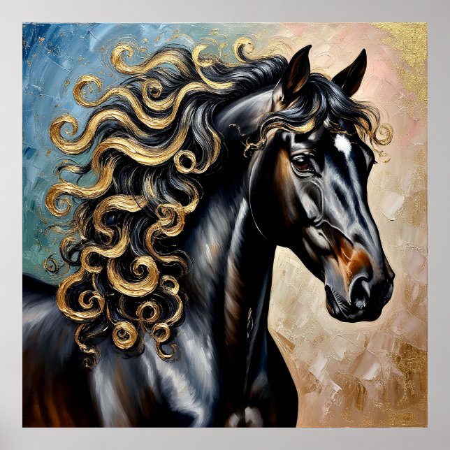 Schwarzes Pferd mit goldenen Highlights Poster (Vorne)