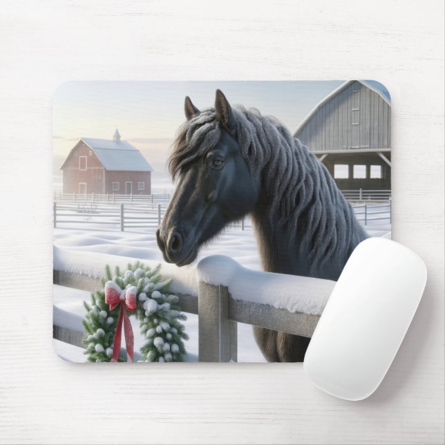 Schwarzes Pferd mit Weihnachtskranz Mousepad (Mit Mouse)