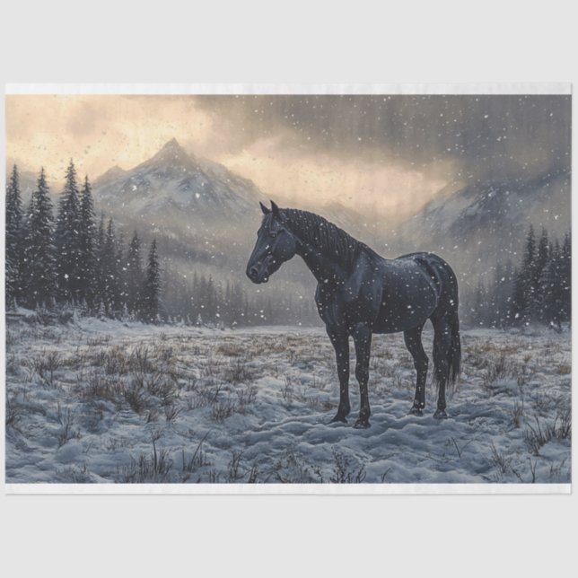 Schwarzes Pferd Schnee Landschaft Landschaftliche  Seidenpapier (Vorderseite)