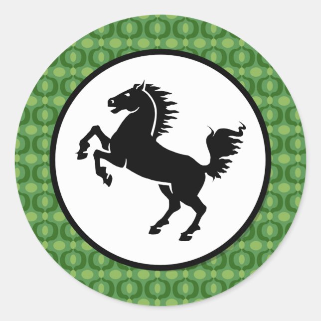 Schwarzes Pferd Silhouette auf grünem Muster Runder Aufkleber (Vorderseite)