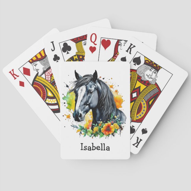 Schwarzes Pferd umgeben von Personalisierten Blume Spielkarten (Rückseite)