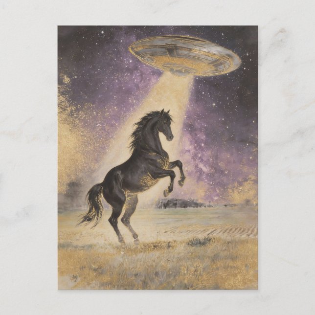 Schwarzes Pferd und UFO Postkarte (Vorderseite)