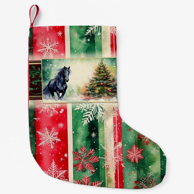 Schwarzes Pferd und Weihnachtsbaum auf einem Urlau Kleiner Weihnachtsstrumpf (Vorderseite)