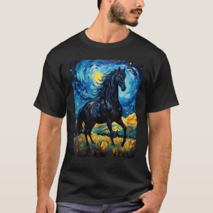 Schwarzes Pferd Van Gogh Sternennacht Malerei Wild T-Shirt