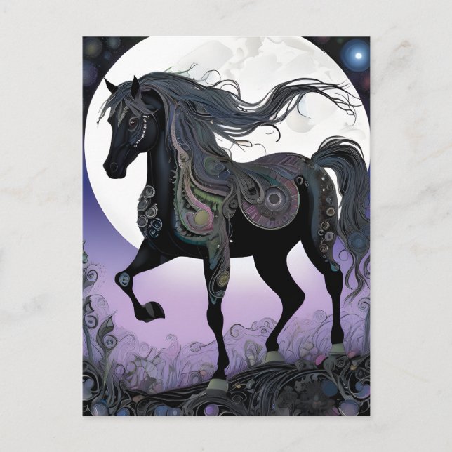 Schwarzes Pferd Vollmond Halloween Postkarte (Vorderseite)