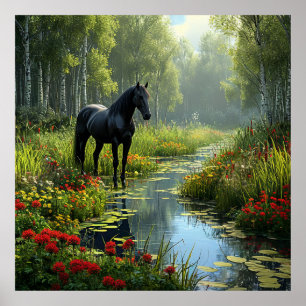 🐎 Schwarzes Pferd Wald Wandkunst Naturdekoration Poster
