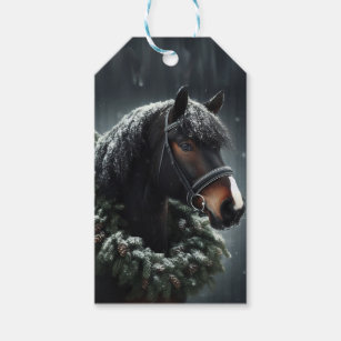 Schwarzes Pferd Weihnachtskranz Schneeweide Geschenkanhänger