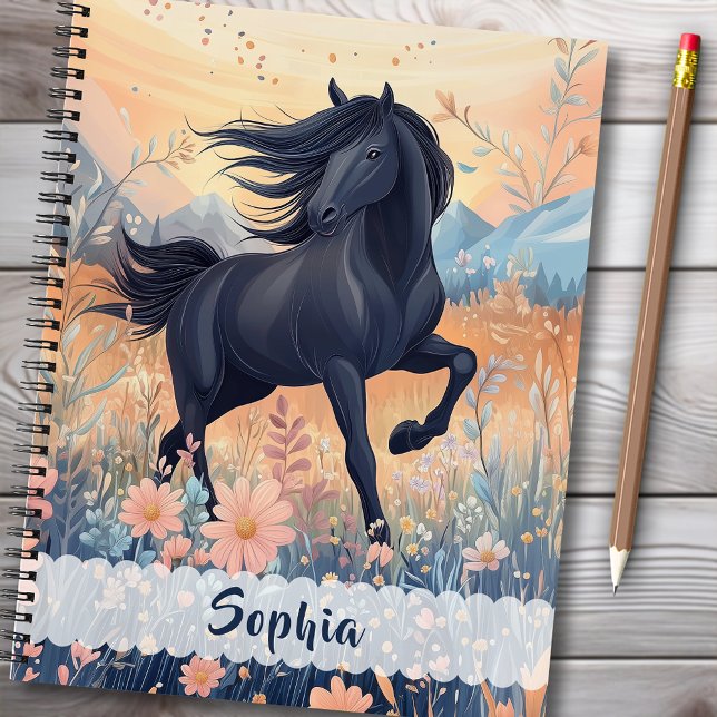 Schwarzes Pferd Wildblume Girls Blumenblauer Rosa  Notizbuch (Black Horse Wildflower Meadow Floral Blue Pink Notebook - Personalize the name and the back message.)