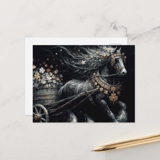 Schwarzes Pferd zieht eine Last von Gold-Kleeblätt Postkarte (Vorderseite/Rückseite Beispiel)