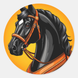 🐎 Schwarzes Pferdporträt Minimale elegante Tierku Runder Aufkleber