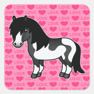 Schwarzes Pinto Cartoon Shetlandpony Liebe Herzen Quadratischer Aufkleber