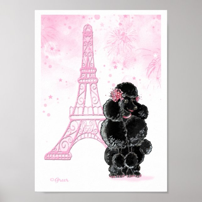 Schwarzes Poodle mit rosa Eiffelturm Poster (Vorne)