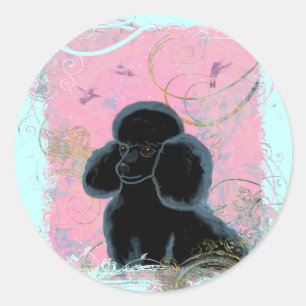 Schwarzes Poodle-Portrait mit Hummingbird. Runder Aufkleber