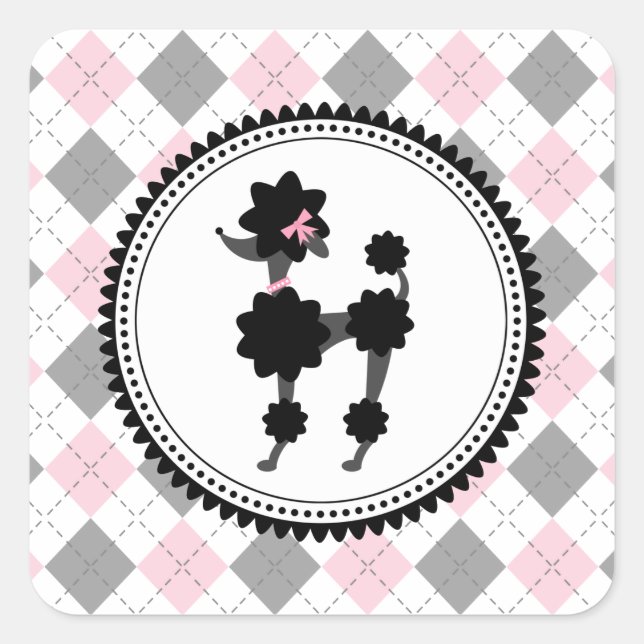 Schwarzes Poodle/Rosa und Graue Raute Aufkleber (Vorderseite)