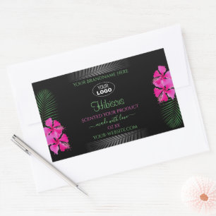 Schwarzes Produktetikett Rosa Blume Grüne Blätter  Rechteckiger Aufkleber