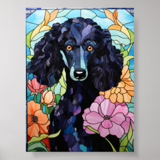 Schwarzes Pudel-Buntglasfenster Blumiger Hund Kuns Poster
