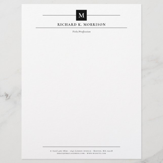 Schwarzes Quadrat Monogramm Elegant Minimalistisch Briefbogen (Vorderseite)