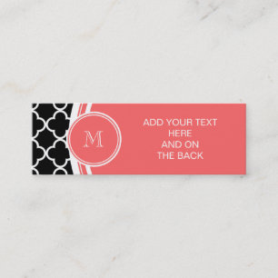 Schwarzes Quatrefoil Muster, korallenrotes Mini Visitenkarte