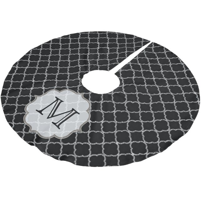 Schwarzes Quatrefolienmonogramm - Ursprüngliches B Polyester Weihnachtsbaumdecke (Schrägansicht)