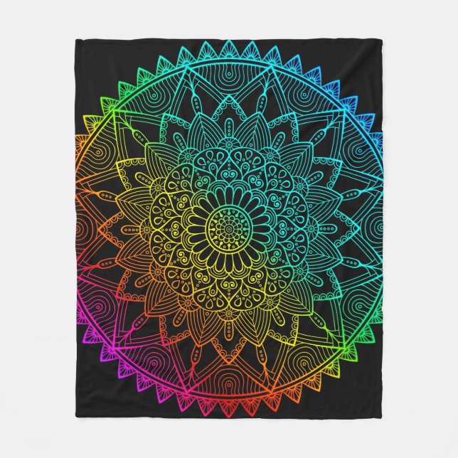 Schwarzes Regenbogen-Mandala-Poster Fleecedecke (Vorderseite)