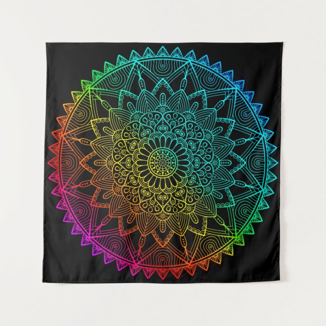 Schwarzes Regenbogen-Mandala-Poster Wandteppich (Vorderseite)