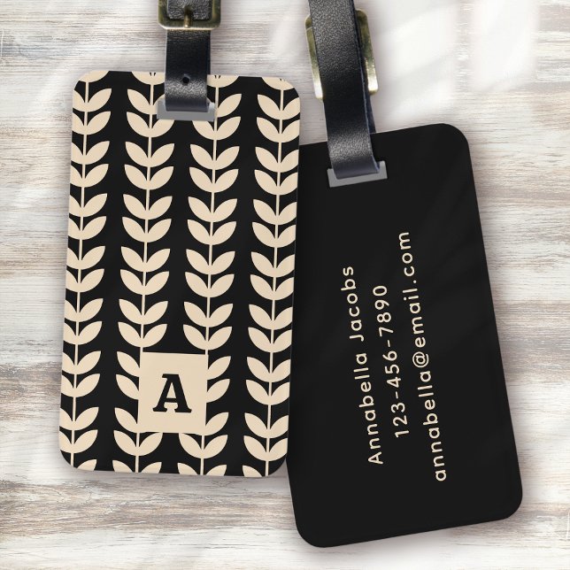 Schwarzes Retro Vibe Leaf Muster Monogramm Gepäckanhänger (Von Creator hochgeladen)