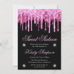 Schwarzes & rosa tropfendes Glitter Sweet Sixteen Einladung