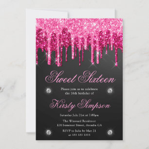 Schwarzes & rosa tropfendes Glitter Sweet Sixteen Einladung