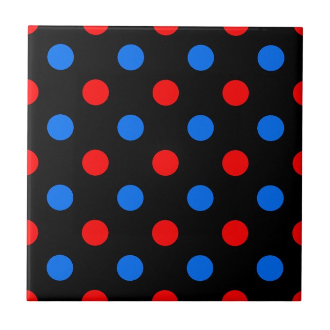 Schwarzes Rot Blau Punkte Design  Fliese (Vorderseite)