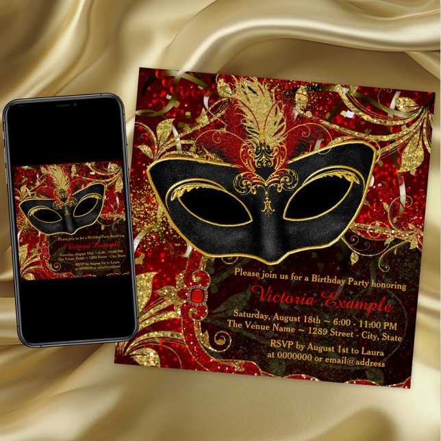 Schwarzes Rot-Gold-Masquerade-Party Einladung (Red and gold masquerade party invitation. Any occasion. Digital download and printed available.)