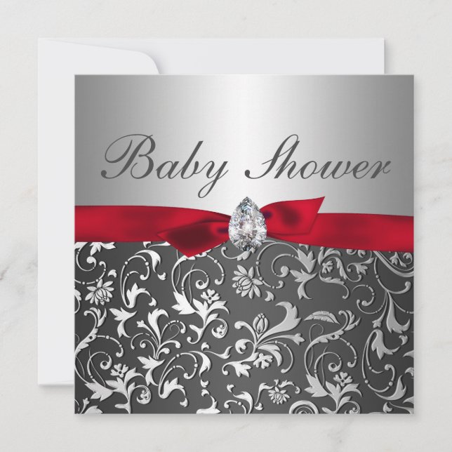 Schwarzes rotes Band-Silber blühen Baby-Dusche Einladung (Vorderseite)