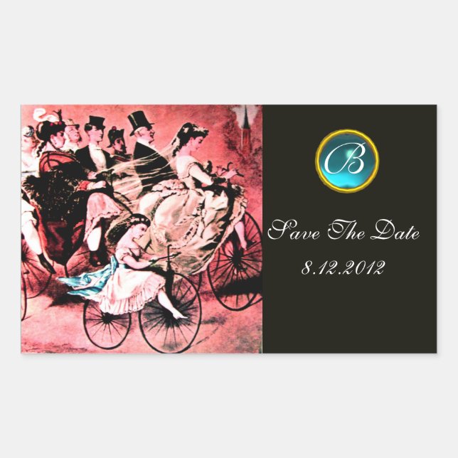 SCHWARZES, ROTES BLAU BICYCLE WEDD DAMASK MONOGRAM RECHTECKIGER AUFKLEBER (Vorderseite)