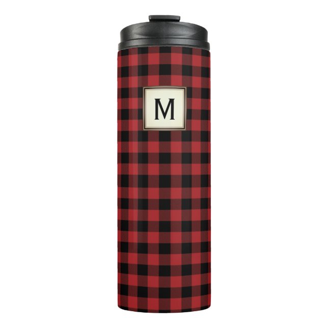 Schwarzes Rotes Buffalo Kariert mit Monogramm Thermosbecher (Vorderseite)