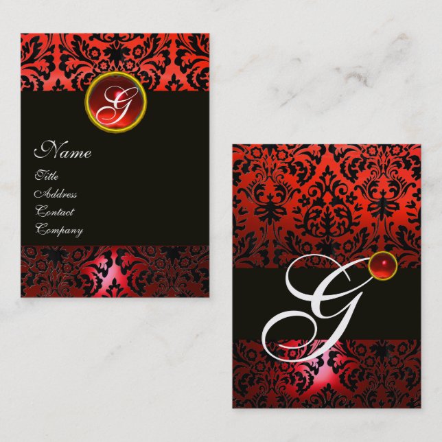 SCHWARZES ROTES DAMASK-FLORAL-MONOGRAMM ,Ruby-Gem Visitenkarte (Vorne/Hinten)
