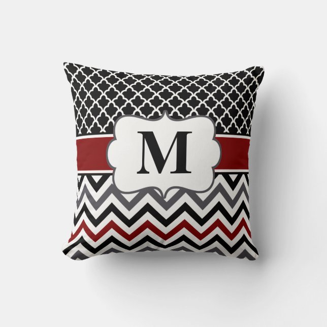 Schwarzes rotes Quatrefoil Zickzack Kissen (Vorderseite)