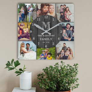 Schwarzes rustikales Holz 8-Foto-Collage Familienm Quadratische Wanduhr