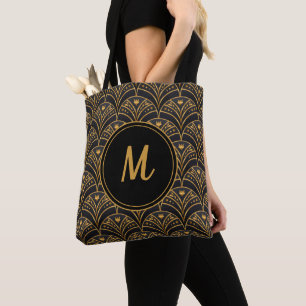 Schwarzes Scallop Muster Art Deco Monogramm Tasche