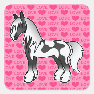 Schwarzes Schecken-Cartoon-Gypsy-Vanner-Shire-Lieb Quadratischer Aufkleber