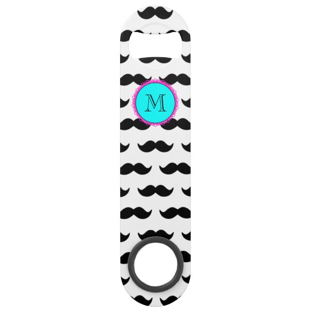 Schwarzes Schnurrbart-Muster, Aqua-rosa Monogramm Speedflaschenöffner (Vorderseite)