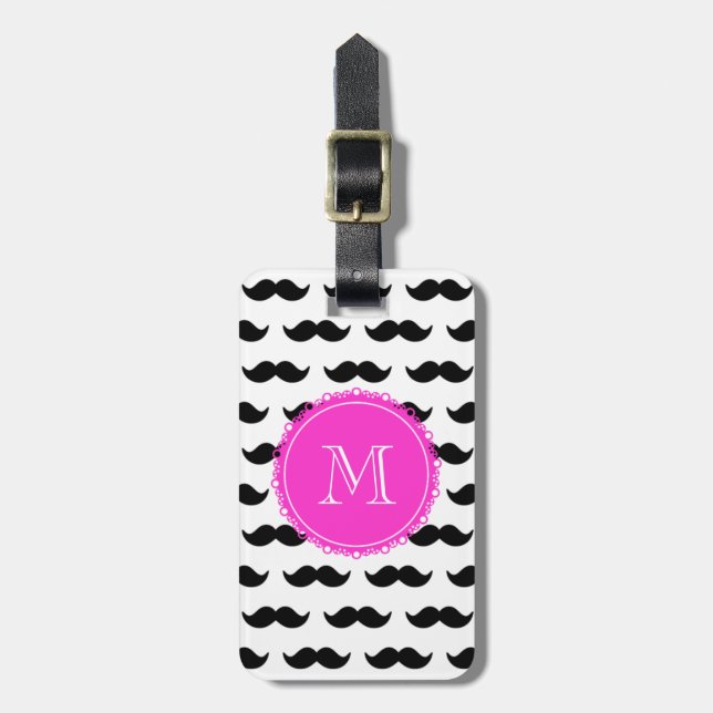 Schwarzes Schnurrbart-Muster, Pink-Monogramm Gepäckanhänger (Vorderseite vertikal)